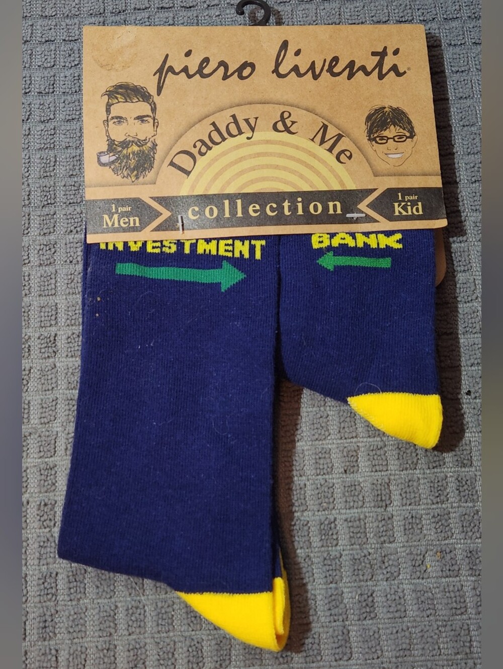 NWT Piero Liventi Men’s And Boys Navy & Yellow 'Investment Bank' Crew Socks